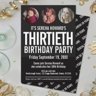 30e verjaardag zwarte witte fotocirkels Uitnodigin Kaart