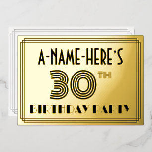 30e verjaardagsfeest — Art Deco-stijl “30” & naam Folie Uitnodiging