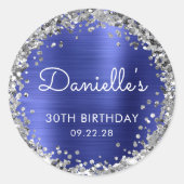 30e Verjaardagsfeest Blauw Zilver Glitter Ronde Sticker (Voorkant)