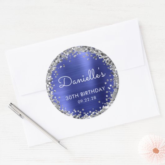 30e Verjaardagsfeest Blauw Zilver Glitter Ronde Sticker (Envelop)