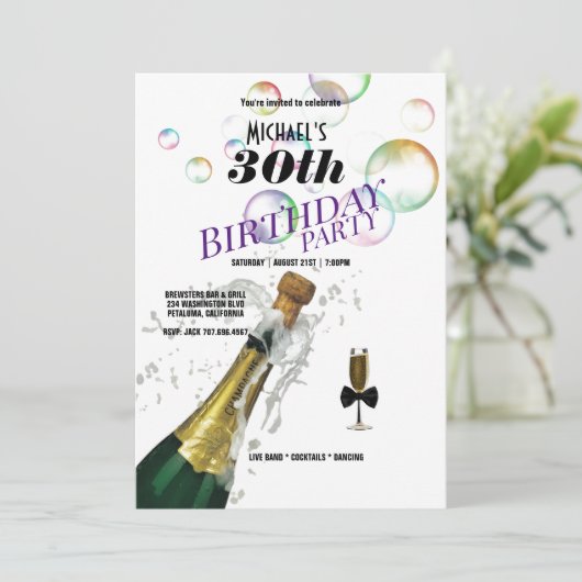 30e Verjaardagsfeest Champagne Fles & Glas Kaart (Staand voorkant)