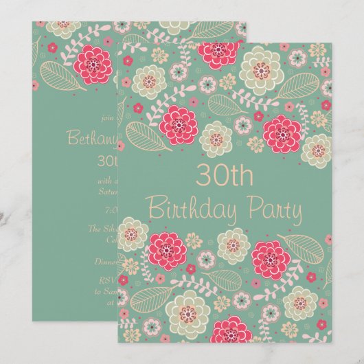 30e Verjaardagsfeest Chic Funky Moderne Bloemen Kaart (Voorkant / Achterkant)