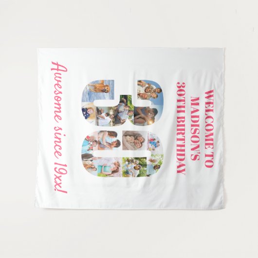 30e Verjaardagsfeest Foto Collage Achtergrond Roze Wandkleed (Voorkant (horizontaal))