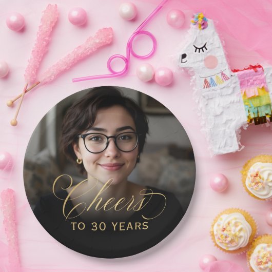 30e verjaardagsfeest Foto Gold Script Cheers Papieren Bordje (Feest)