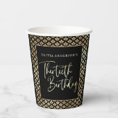 30e verjaardagsfeest in zwart wit en goud script papieren bekers (Achterkant)