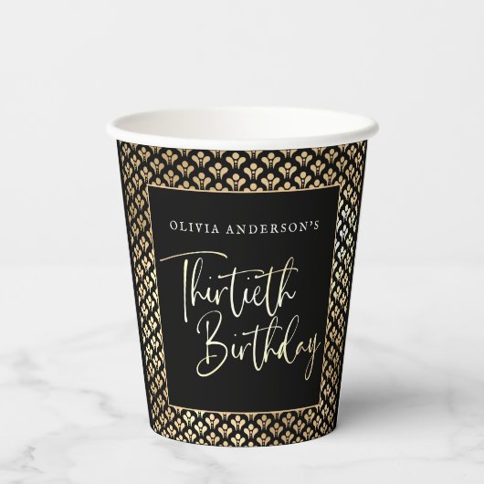 30e verjaardagsfeest in zwart wit en goud script papieren bekers (Achterkant)