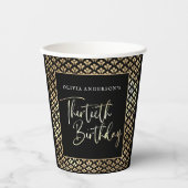 30e verjaardagsfeest in zwart wit en goud script papieren bekers (Voorkant)