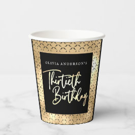 30e verjaardagsfeest in zwart wit en goud script papieren bekers