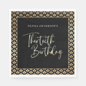 30e verjaardagsfeest in zwart wit en goud script servet (Voorkant)