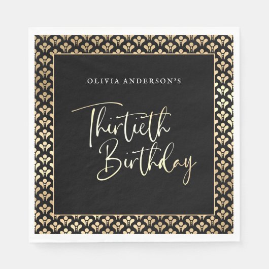 30e verjaardagsfeest in zwart wit en goud script servet (Voorkant)