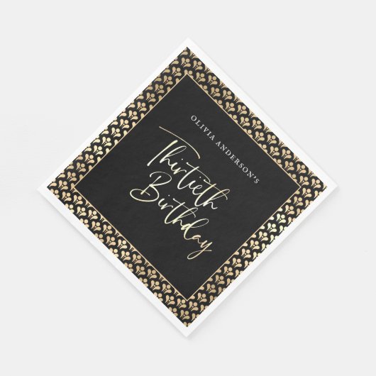 30e verjaardagsfeest in zwart wit en goud script servet (Hoek)