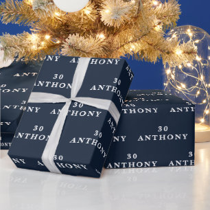 30e Verjaardagsfeest Naam Marineblauw Modern Patro Cadeaupapier