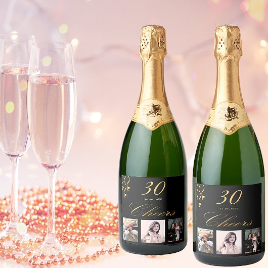 30e verjaardagsfeest op maat foto zwarte goudvorme sparkling wijnetiket