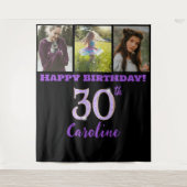 30e verjaardagsfeest, Paarse glitter en 3 foto's Wandkleed (Voorkant)