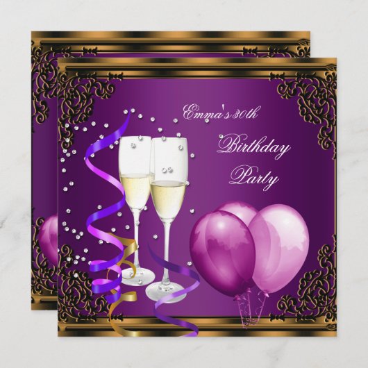30e verjaardagsfeest Paarse Plum Gold Balloons Kaart (Voorkant / Achterkant)