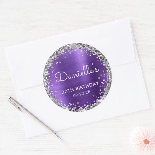30e verjaardagsfeest Paarse zilveren glitter Ronde Sticker (Envelop)
