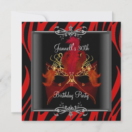 30e Verjaardagsfeest Rood Zebra Zwart Masker Kaart (Voorkant)
