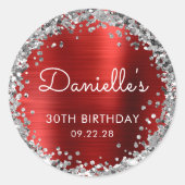 30e Verjaardagsfeest Rood Zilver Glitter Ronde Sticker (Voorkant)