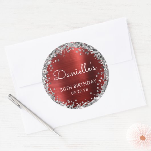 30e Verjaardagsfeest Rood Zilver Glitter Ronde Sticker (Envelop)