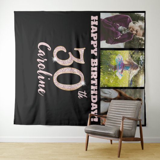 30e verjaardagsfeest, Roos Gold Glitter & 3 foto's Wandkleed (In Situ (horizontaal))