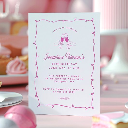 30e verjaardagsfeest roze grillige doedel kaart