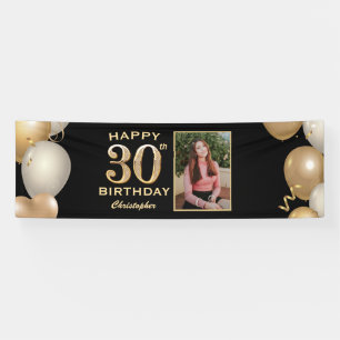 30e Verjaardagsfeest Zwart en Gouden Ballonnen Fot Spandoek