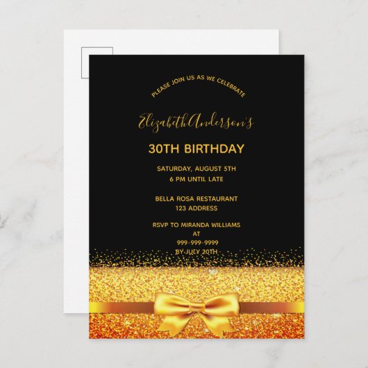 30e verjaardagsfeest zwarte gouden boog-uitnodigin briefkaart (Voorkant / Achterkant)
