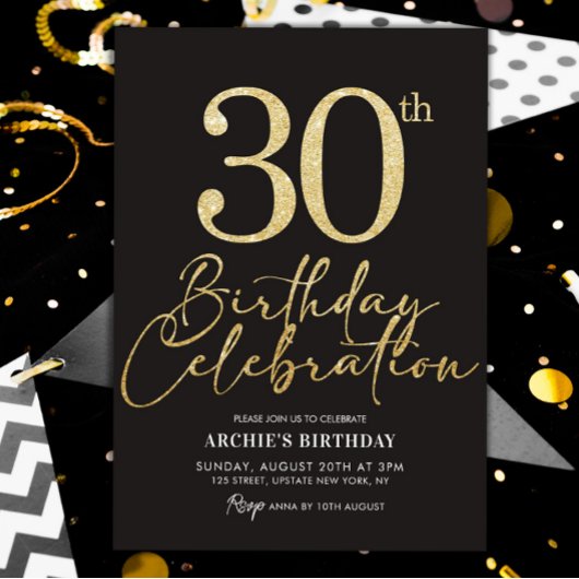30e verjaardagsfeestje Elegante zwart en goud glit Kaart