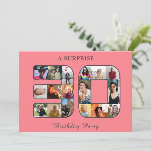 30e verjaardagsfeestje fotocollage blush roze grij kaart (Staand voorkant)