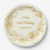 30e verjaardagsfeestje Luxe Goud Roos Bloemenivoor Papieren Bordje (Voorkant)
