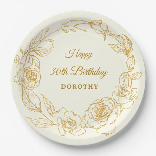 30e verjaardagsfeestje Luxe Goud Roos Bloemenivoor Papieren Bordje (Voorkant)