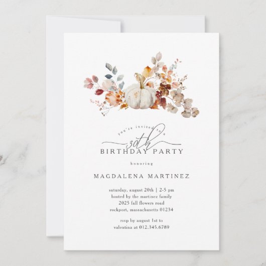 30e Verjaardagsfeestje Witte Pompoen Herfst Bloeme Kaart (Voorkant)