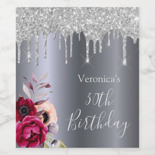 30e verjaardagsfeestje zilveren glitter druipt blo wijn etiket (Enkel label)