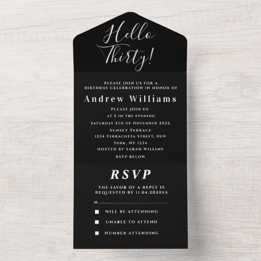 30e verjaardagsfeestje zwart wit eenvoudig modern all in one uitnodiging (Binnen)