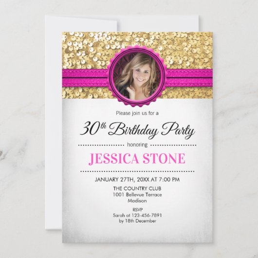 30e verjaardagsfoto - goud wit hete roze kaart (Voorkant)