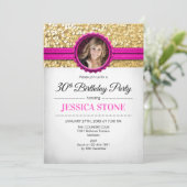 30e verjaardagsfoto - goud wit hete roze kaart (Staand voorkant)