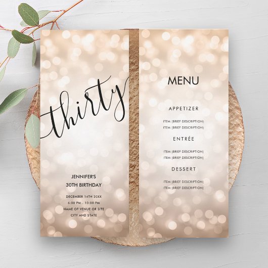 30e Verjaardagsmenu Roos Gouden Glitter Lichten Kaart