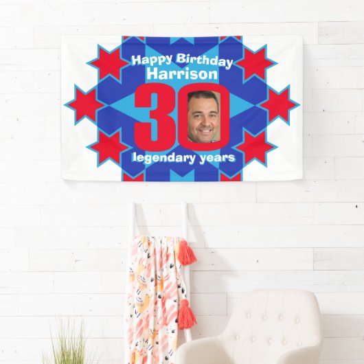 30e verjaardagsster blauw wit rood aangepaste foto spandoek (Insitu)