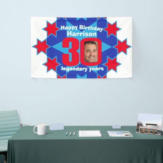 30e verjaardagsster blauw wit rood aangepaste foto spandoek (Beurs)