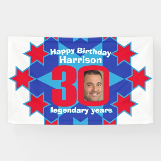 30e verjaardagsster blauw wit rood aangepaste foto spandoek (Horizontaal)