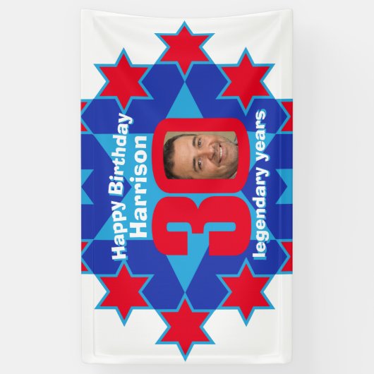 30e verjaardagsster blauw wit rood aangepaste foto spandoek (Verticaal)