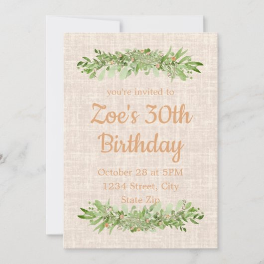 30e verjaardagsuitnodiging – Linen Greenery | Dert Kaart (Voorkant)