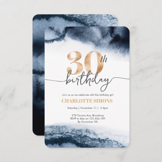 30e verjaardagsuitnodiging Navy waterverf en goud Kaart (Voorkant / Achterkant)
