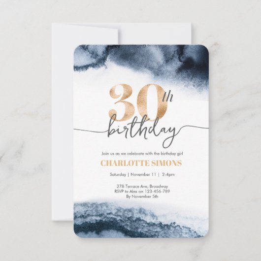 30e verjaardagsuitnodiging Navy waterverf en goud Kaart (Voorkant)