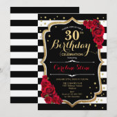 30e Verjaardagsuitnodiging Zwart Wit Strepen Rozen Kaart (Voorkant / Achterkant)