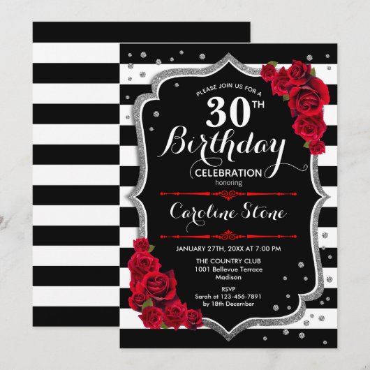 30e Verjaardagsuitnodiging Zwart Wit Strepen Rozen Kaart (Voorkant / Achterkant)