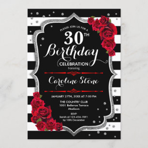30e Verjaardagsuitnodiging Zwart Wit Strepen Rozen Kaart