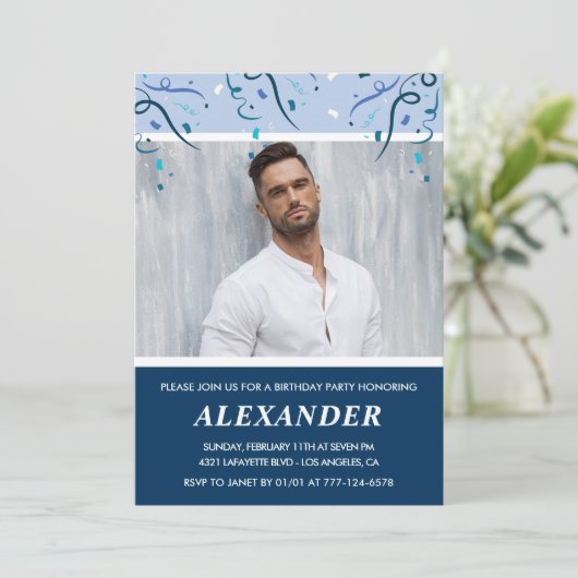 30e verjaardagsuitnodigingen Mannen Foto Navy Blue Kaart (Staand voorkant)