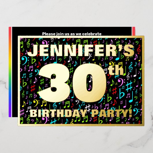 30e verparty — Leuke, kleurrijke muziek symbolen Folie Uitnodiging (Voorkant / Achterkant)