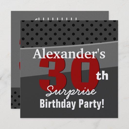 30e Verrassing Verjaardag Houtskool en Rood Modern Kaart (Voorkant / Achterkant)